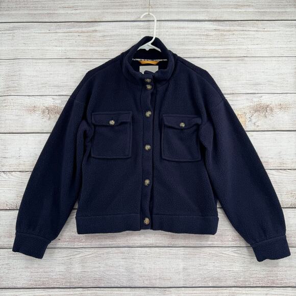 Anthropologie Fleece Button Up Shacket Jacket Womens XS Navy Blue 4 Pockets - Picture 1 of 13
